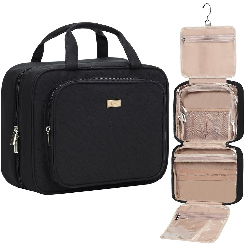 NISHEL Women's Travel Toiletry Bag LARGE Black Makeup Hanging Case Accessories